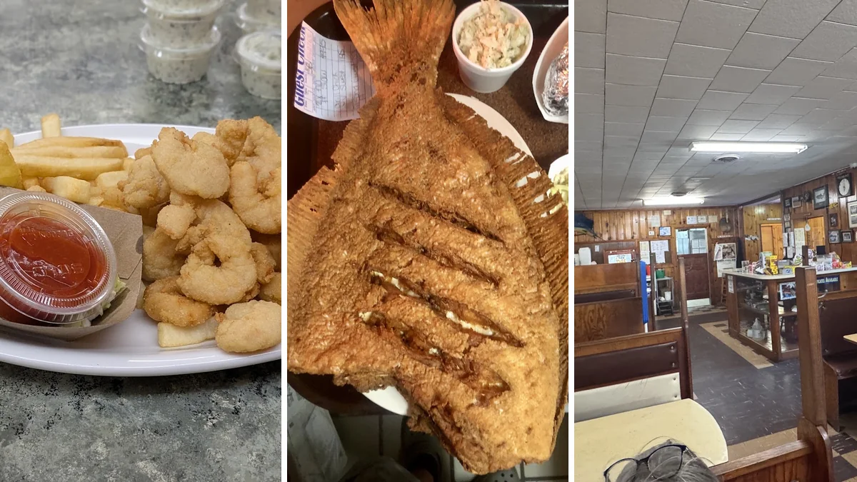 Seafood plates on a casual restaurant table.