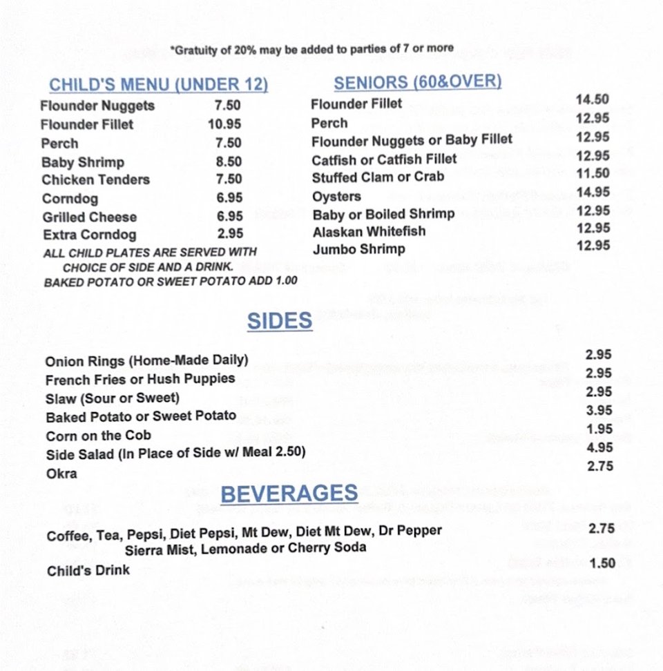 Printed seafood menu with fish and shrimp dinners.