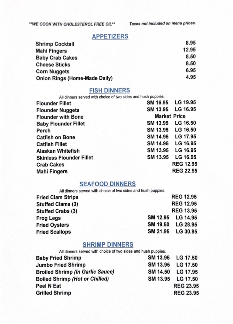 Menu page showing platters and combination meals.